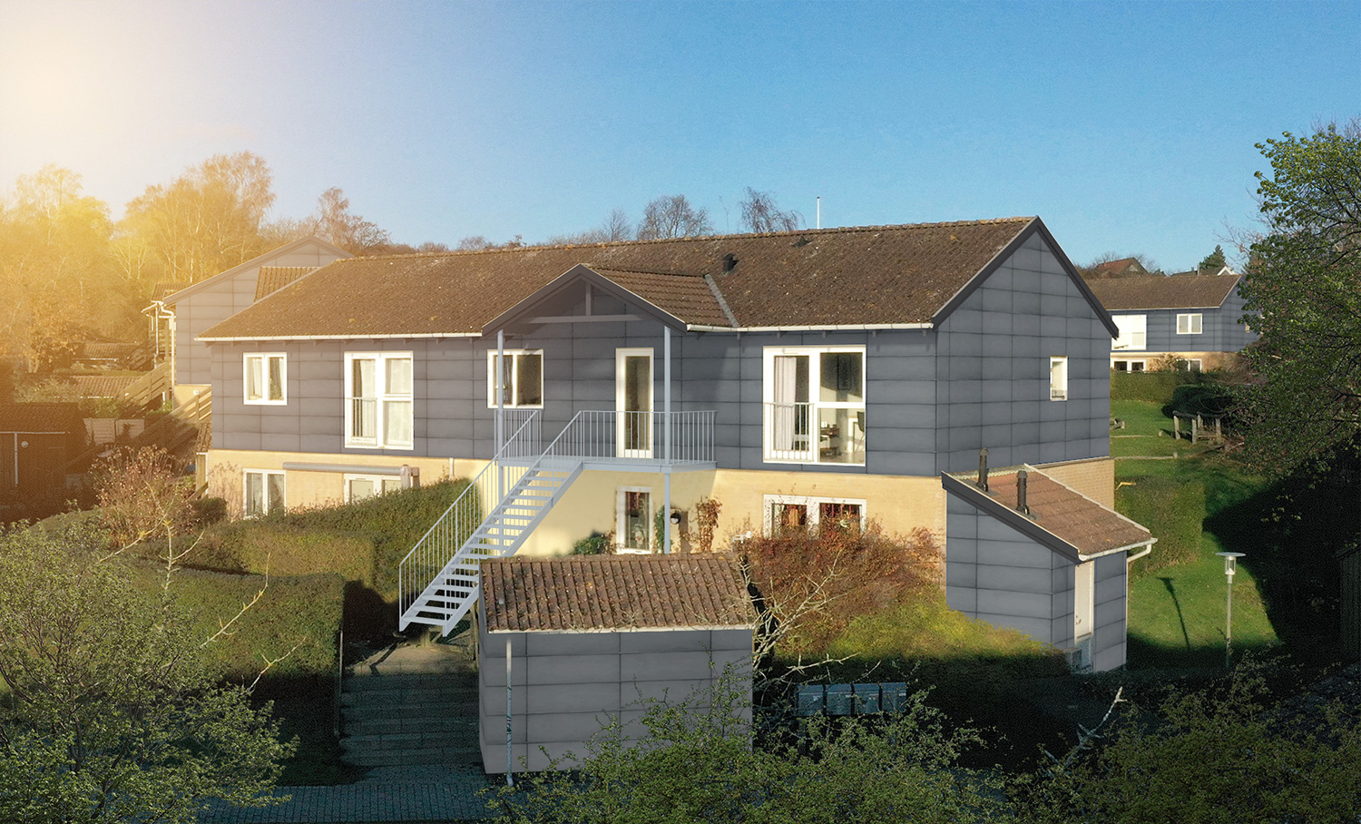 3D tegning af renoveringsprojekt af boliger der skal have ny facader