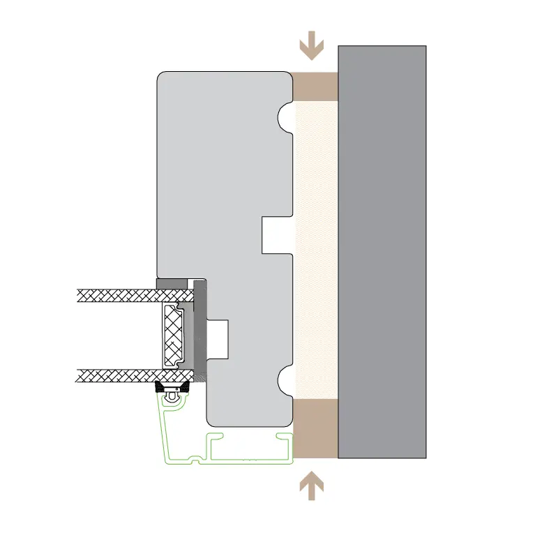 Snittegning af et 2-lags træ/alu med illustration af placering af fugen.