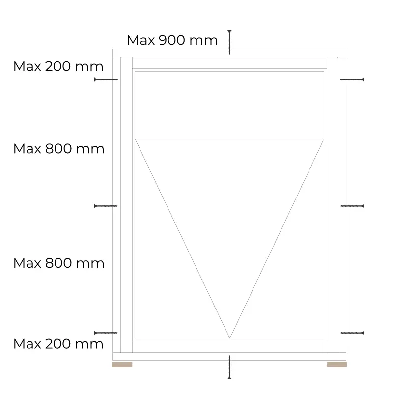 Tegning af topstyret som viser hvor der skal være blivende opklodsning.