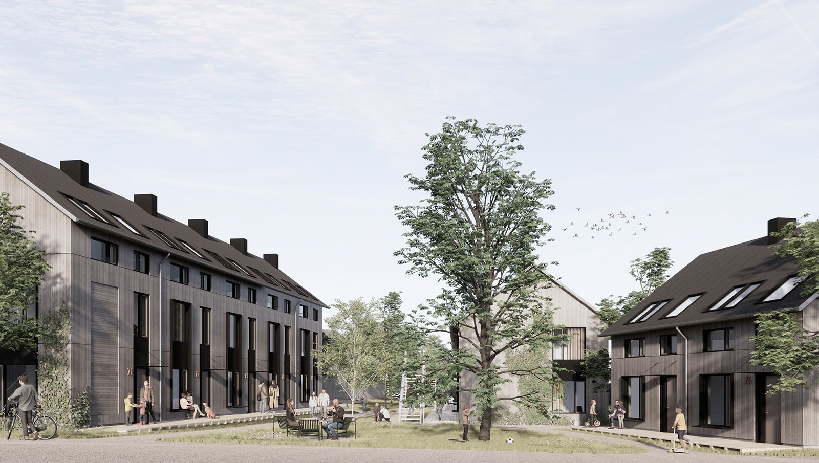 Illustration af udvalgte DGNB Guld-certificeret 2-plans og 2½-plans rækkehuse i Trekroner, Langehøjen ved Roskilde.