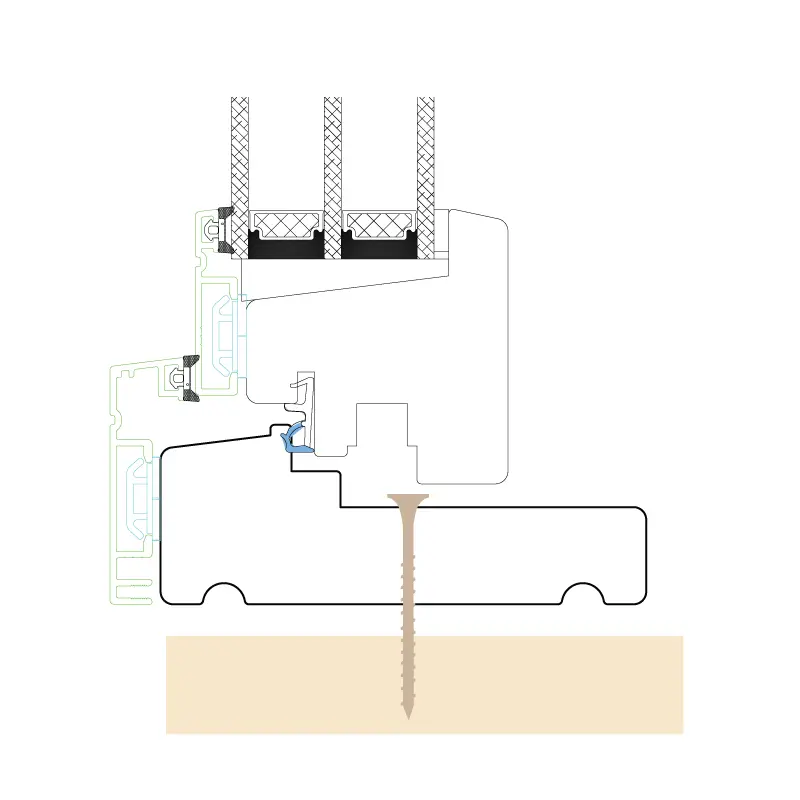 Snittegning af bund på drejekip med illustration af placering af fastgørelsespunkt.