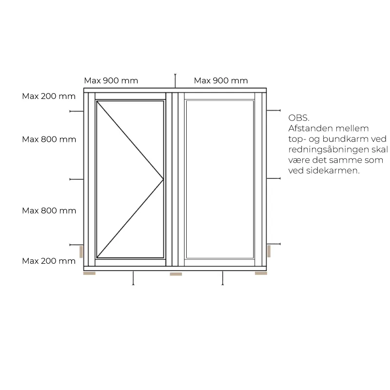 Tegning af sidehængt som viser hvor der skal være blivende opklodsning.