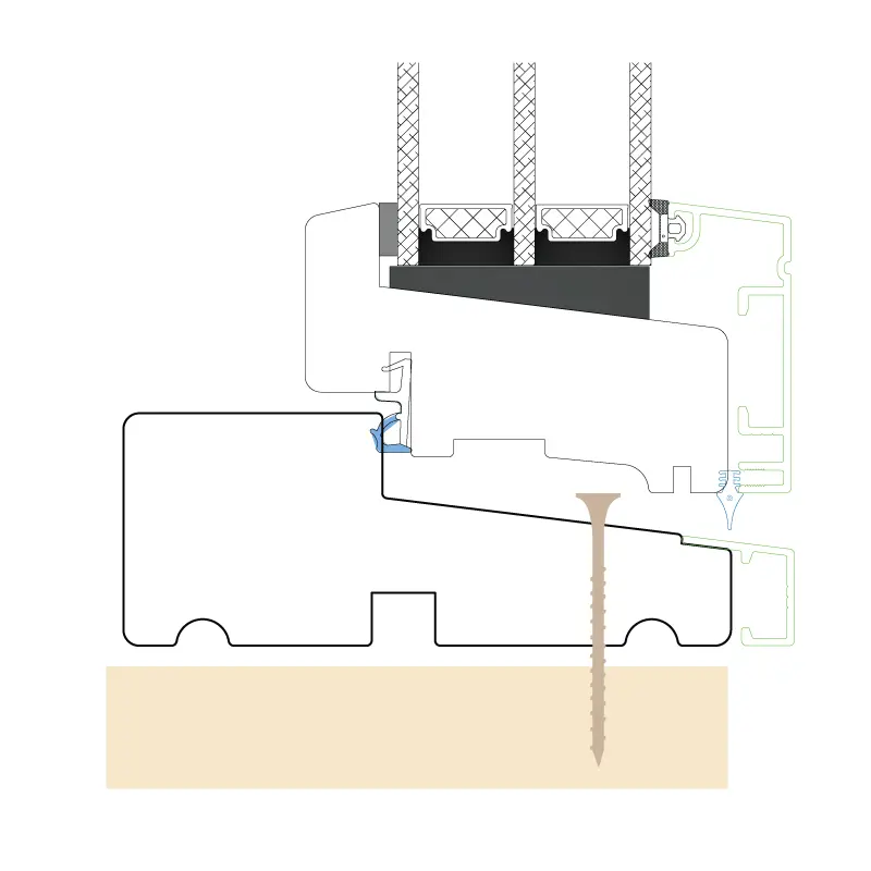 Snittegning af vindue bundkarm med illustration af placering af fastgørelsespunkt.
