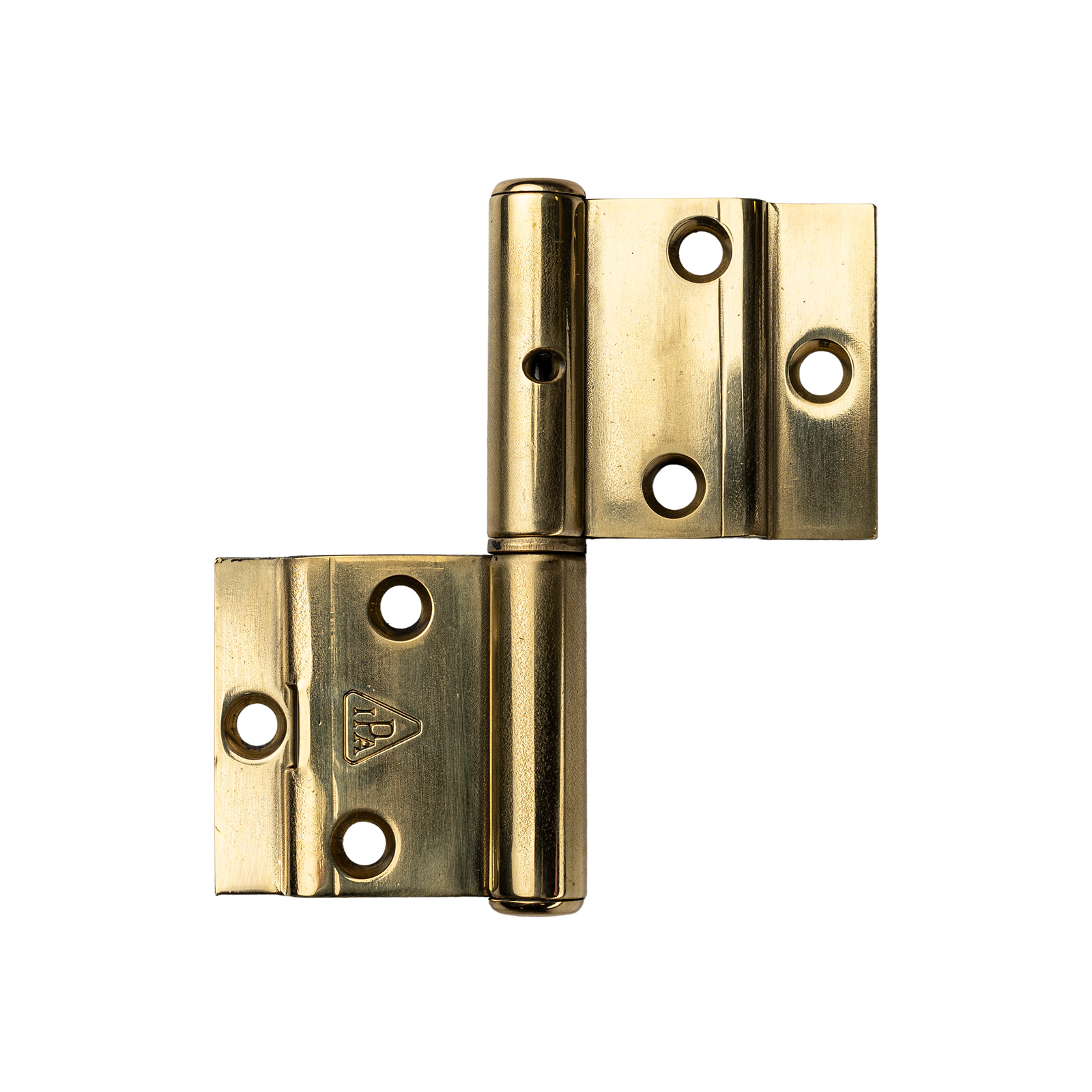 Et hængsel til vinduer med huller til skruer i messing.