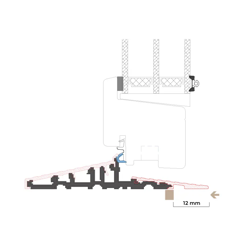 Snittegning af et dørtrin på et udadgående dør med illustration af placering af fugen.