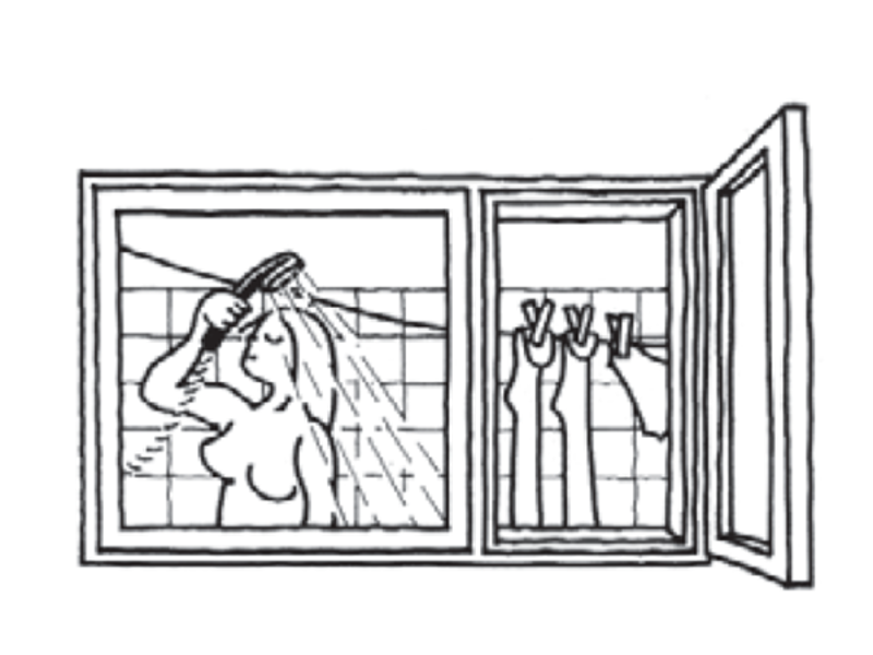 En illustration af at man lukke vinduet op i badet.