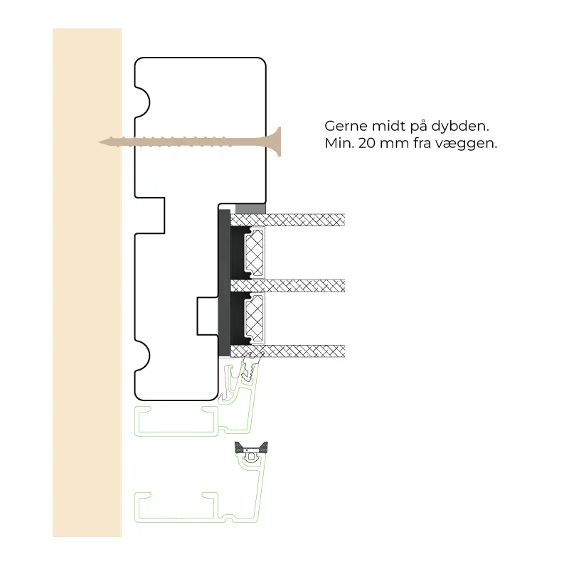 Snittegning af fastkarm side/top med illustration af placering af fastgørelsespunkt.
