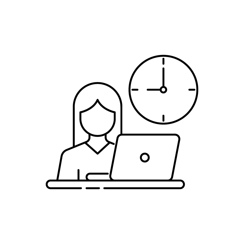 Illustration en kvinde der sidder og arbejder på en bærbar computer med et ur i baggrunden.