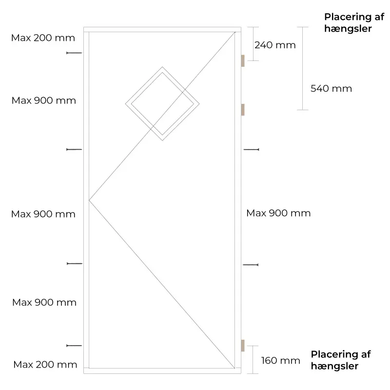 Tegning af facadedøren som viser hvor der skal være blivende opklodsning.