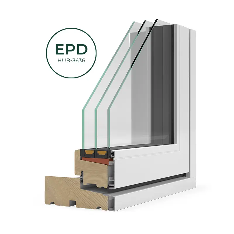 En 3D illustration af vores Nor48 træ/alu 3-lags konstruktion med et emblem hvor der står EPD HUB-3636.