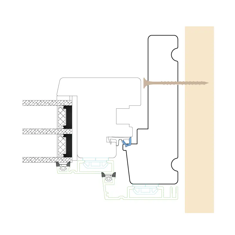 Snittegning af et drejekip side/top med illustration af placering af fastgørelsespunkt.