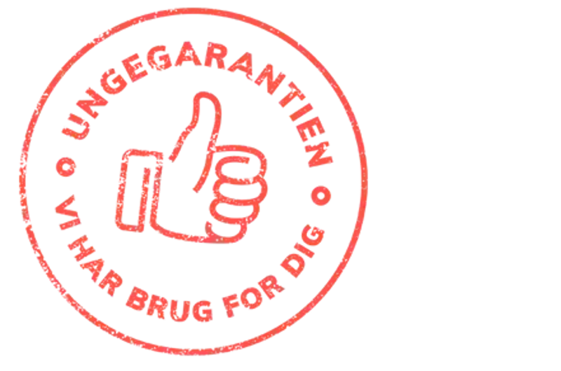 Ungegarantiens logo, som en rød cirkel med en tommelfinger op.