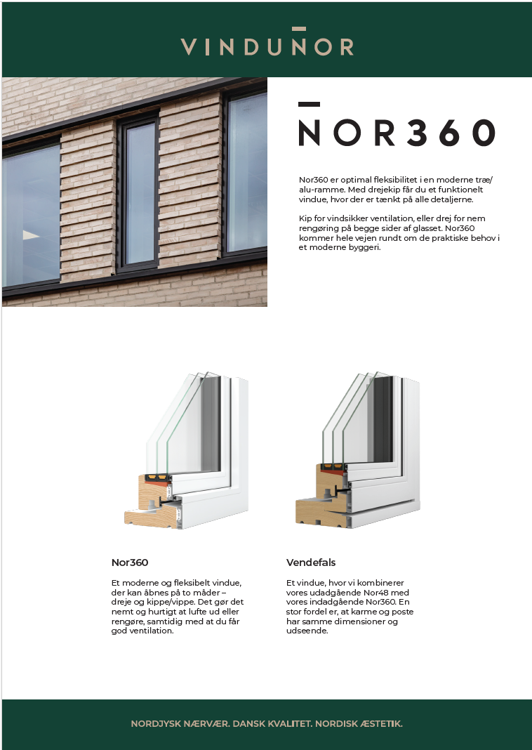 Forsiden af Nor360 datablad, med billeder af de to mulige konstruktioner: Nor360 og Nor48 vendefals.