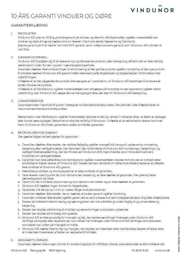 Vores 10 års garantibeskrivelse med forskellige betingelser.