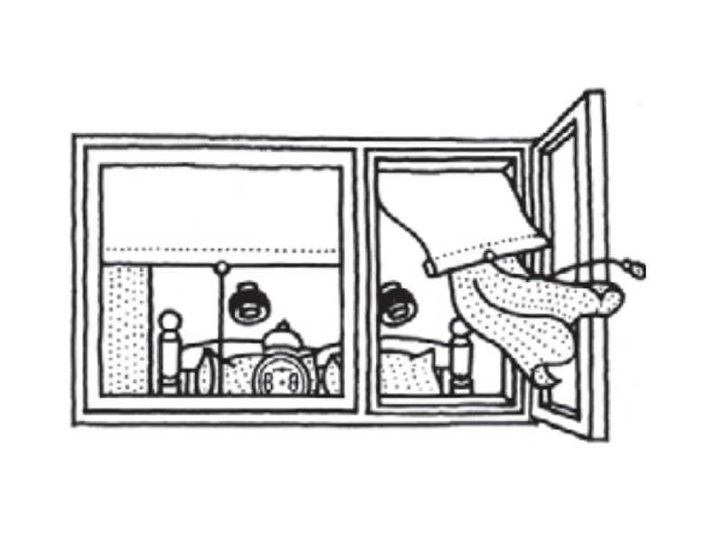 En illustration af at man lukke vinduet op i soveværelset.