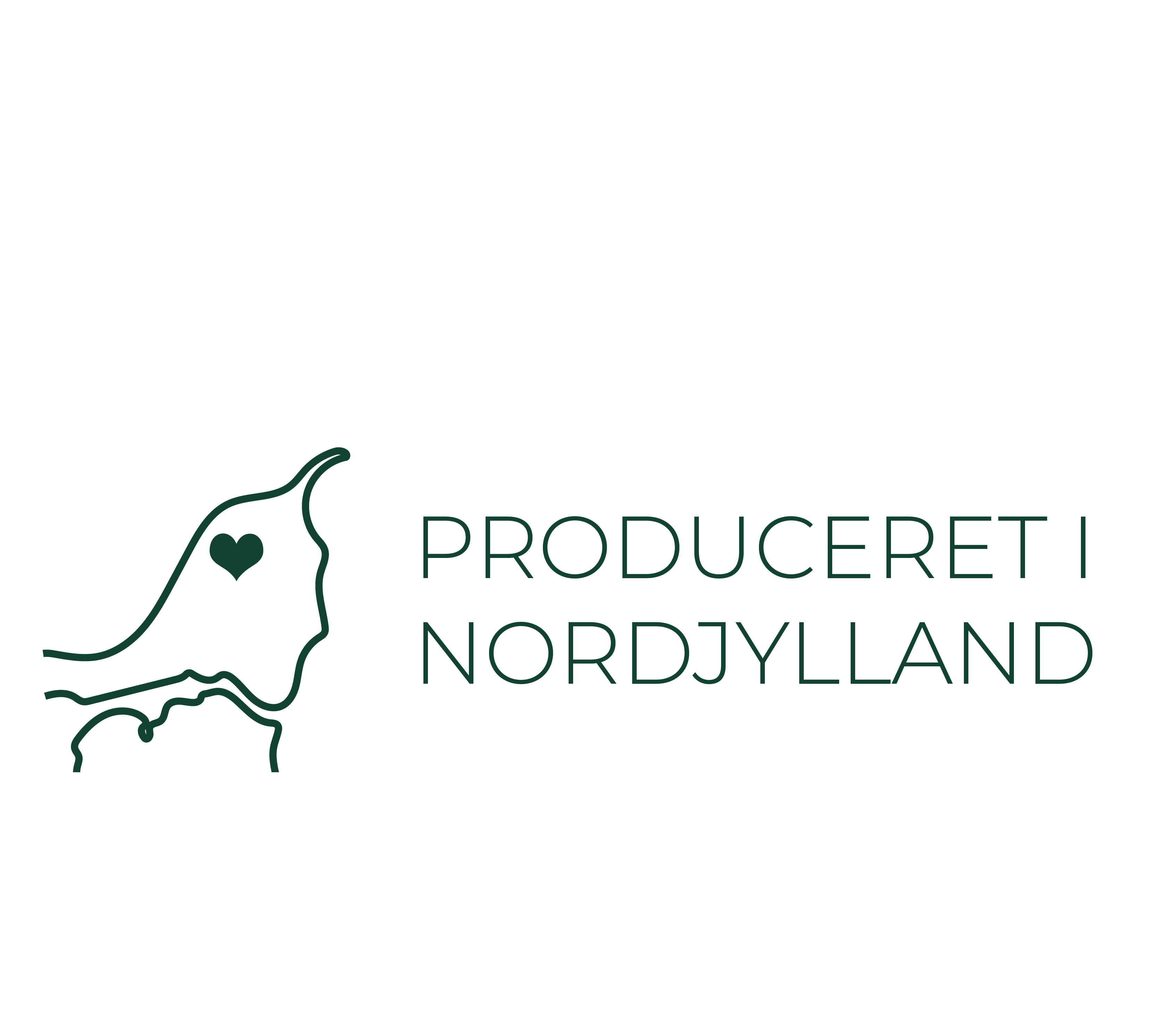 Kort med Nordjylland, og et grønt hjerte placeret i Hjørring. Der er også en tekst, hvor der står Produceret i Nordjylland.