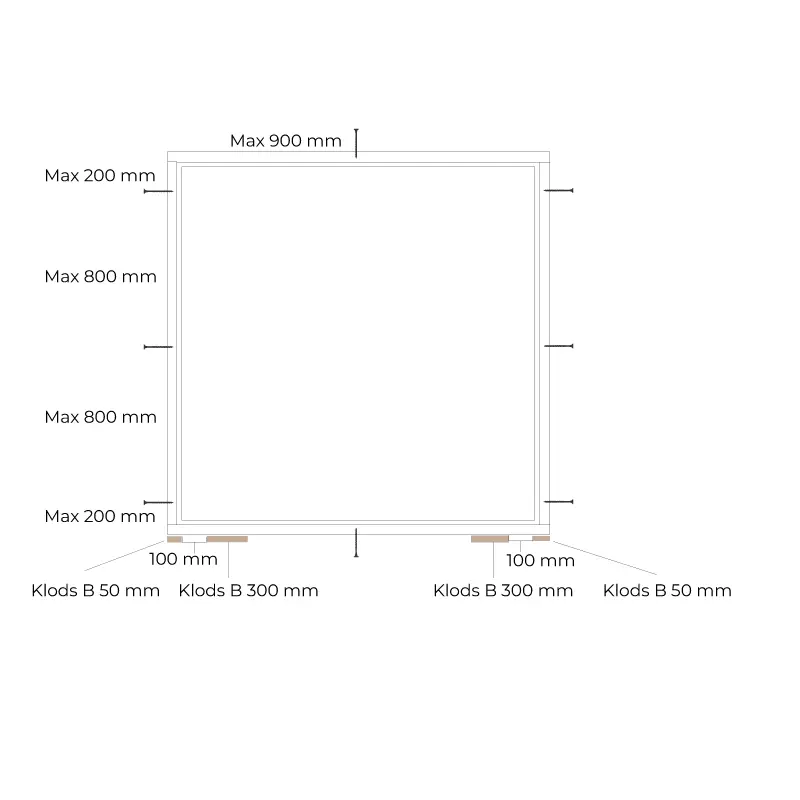 Tegning af fastkarm som viser hvor der skal være blivende opklodsning.