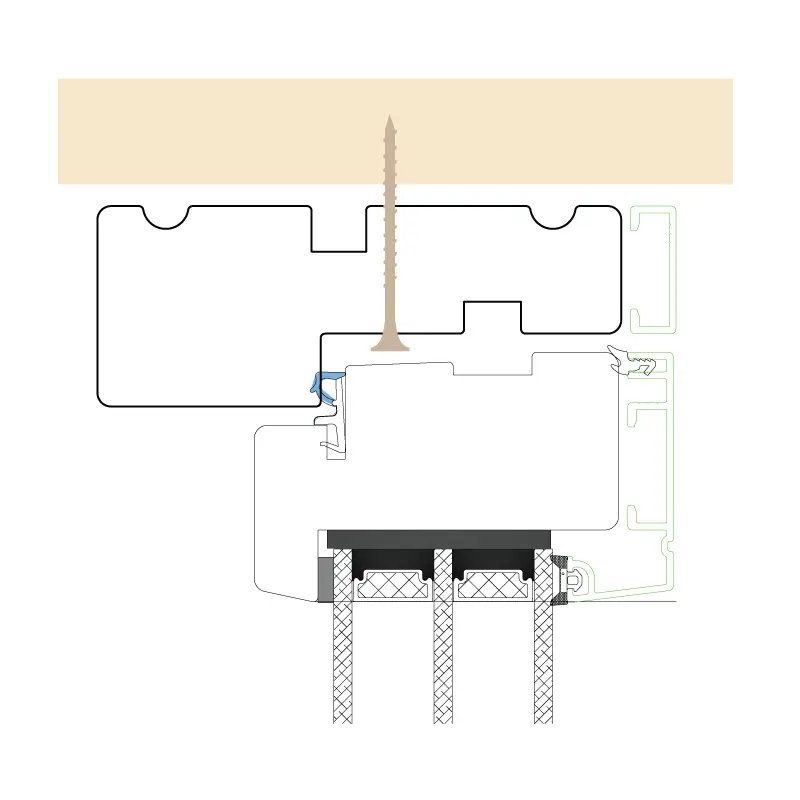 Snittegning af vindue side og topkarm med illustration af placering af fastgørelsespunkt.