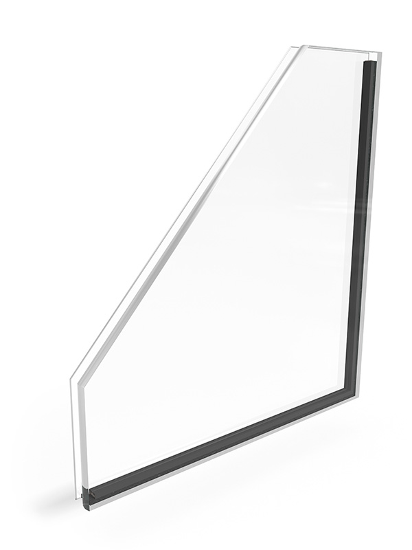 Sikkerhedsglas, hvor man kan se at det eneglas er tykkere end det andet.