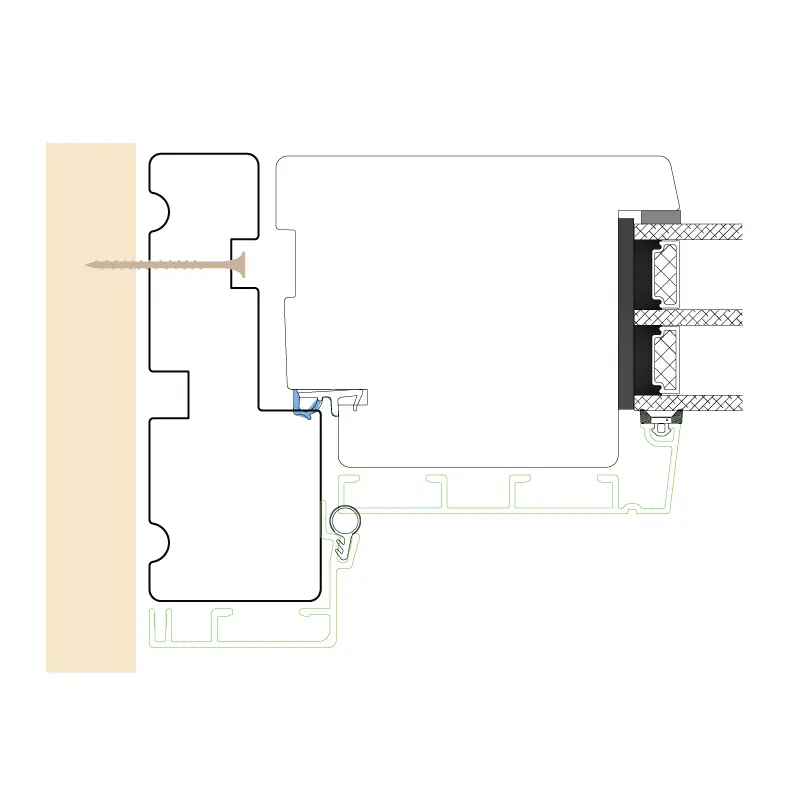 Snittegning af side/top på et indadgående element med illustration af placering af fastgørelsespunkt.