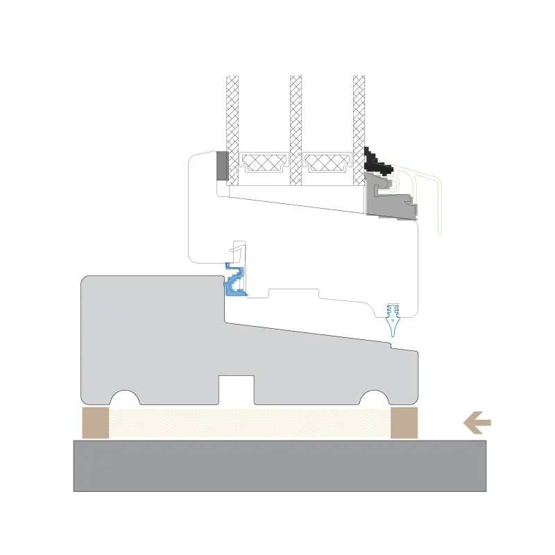 Snittegning af et træ/træ bund med illustration af placering af fugen.