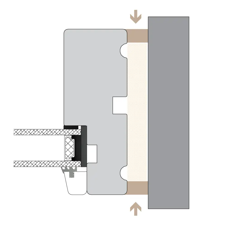 Snittegning af 2-lags træ/træ med illustration af placering af fugen.
