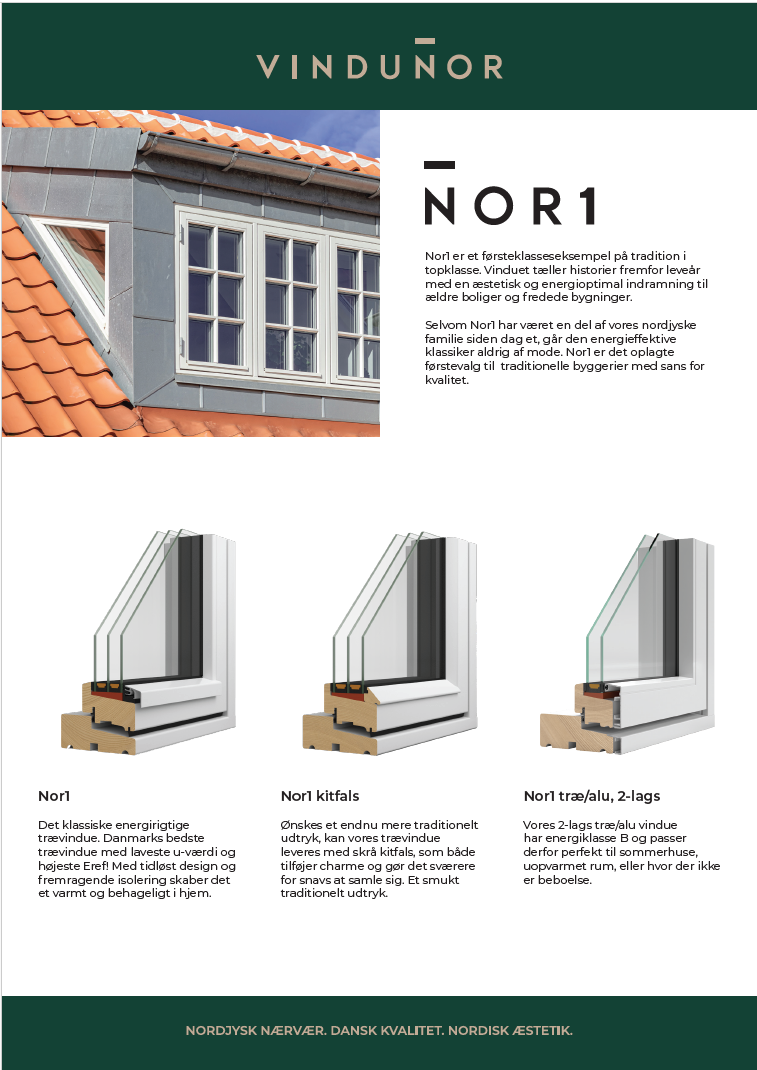 Forsiden af Nor1 datablad, med billeder af de tre mulige konstruktioner: Nor1, Nor1 kitfals og Nor1 træ/alu 2-lags.