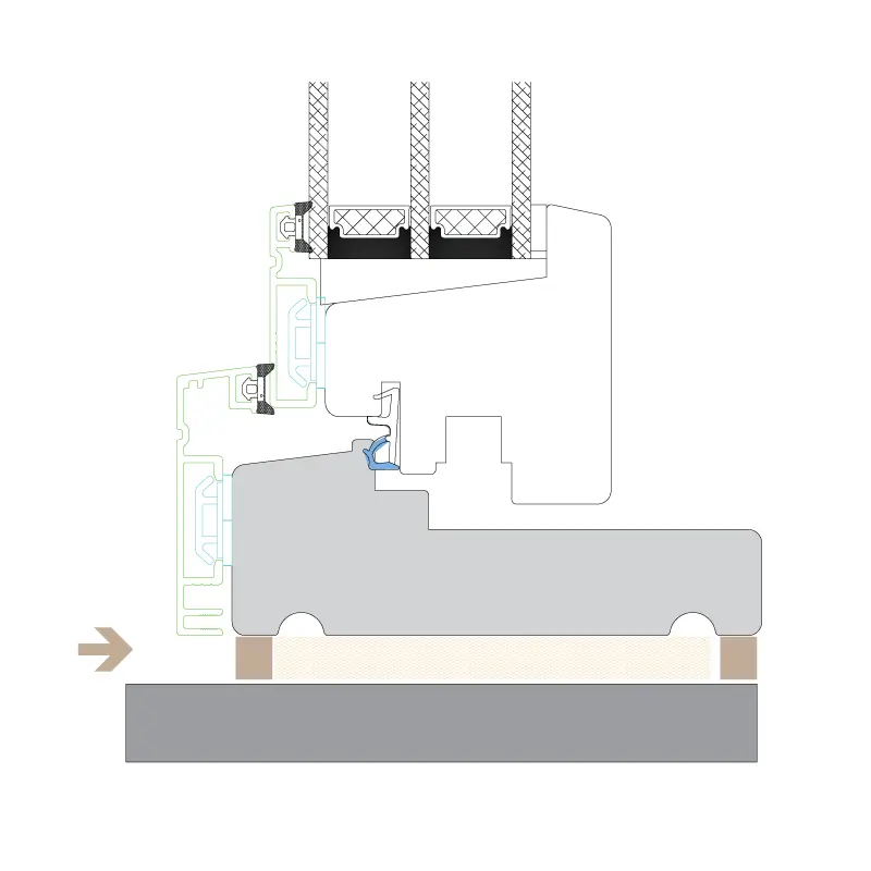 Snittegning af et drejekip med illustration af placering af fugen.