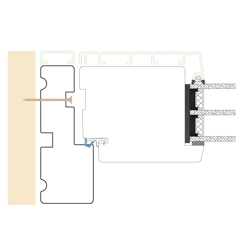 Snittegning af et udadgående side/top med illustration af placering af fastgørelsespunkt.