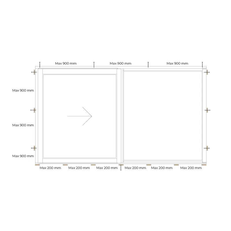 Tegning af skydedøren som viser hvor der skal være blivende opklodsning.