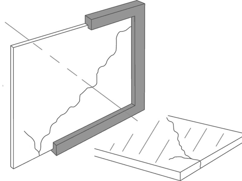Illustration af et termisk brud, hvor glasset revner.