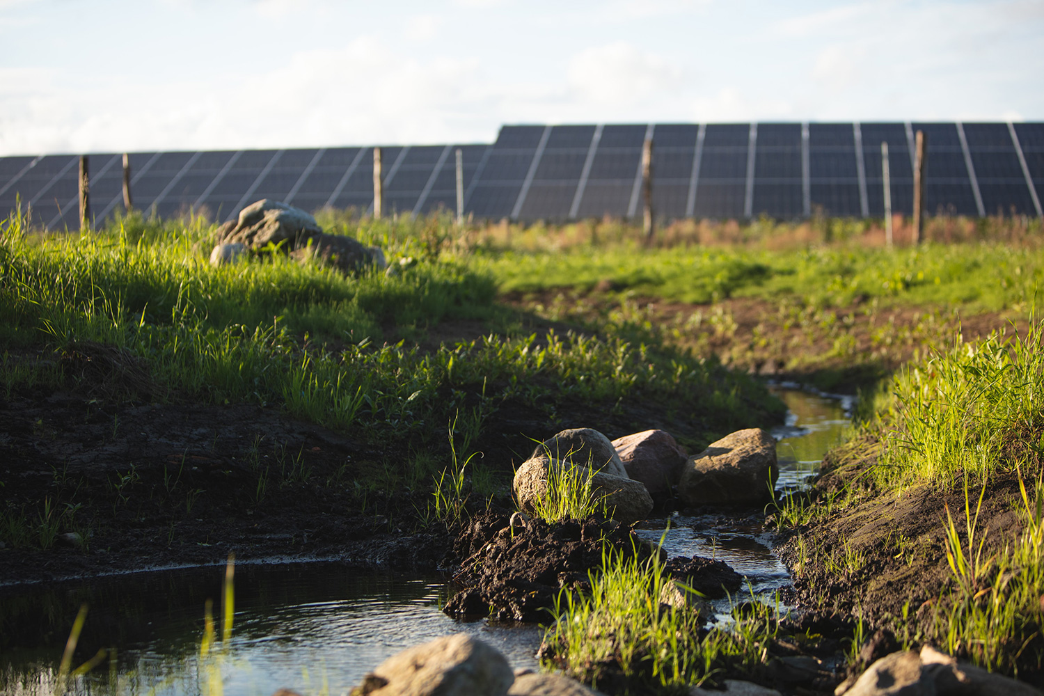 Solceller i baggrunden med en bæk foran.